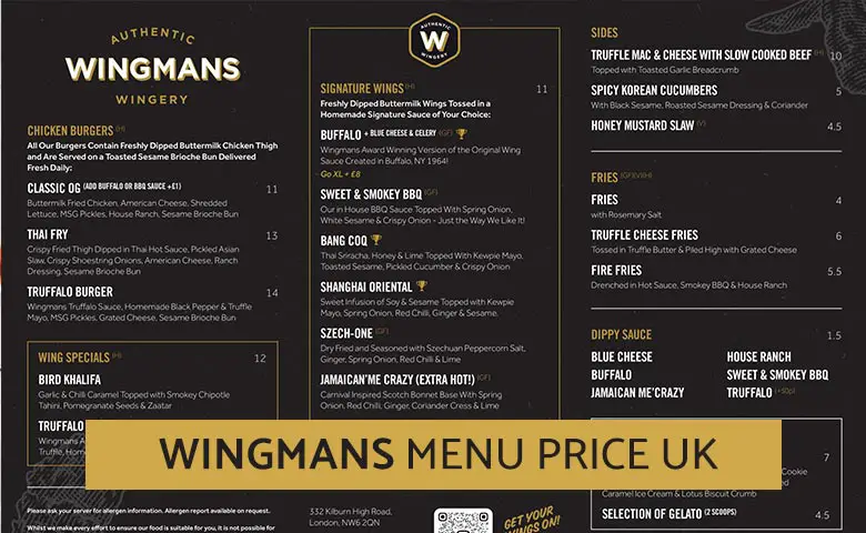 Wingmans Menu Prices UK 2024